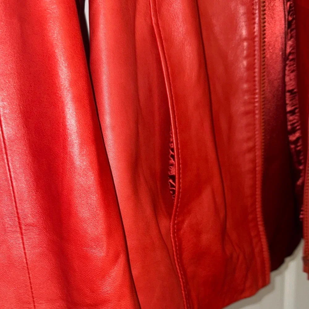 Women's Red Leather Jacket with fox Fur around the hood🥰 - Picture 6 of 14